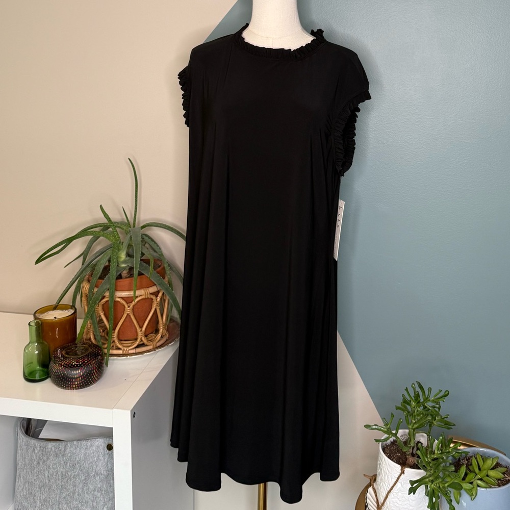Nicole Miller New York 1X Black Ruffle Mock Neck Sleeveless A-Line Dress Stretch - Picture 2 of 12
